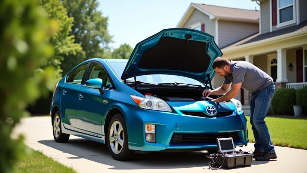 A professional mobile mechanic working on a car in front of an office building in Washington, DC.