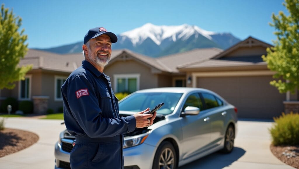 The mechanic is dressed in a uniform, using tools to fix the vehicle, while a service van with branding is parked nearby. The city’s iconic landmarks (such as the Capitol building or the Washington Monument) can be subtly seen in the background, indicating the urban setting. The car owner is comfortably observing or working from their office or nearby outdoor area.