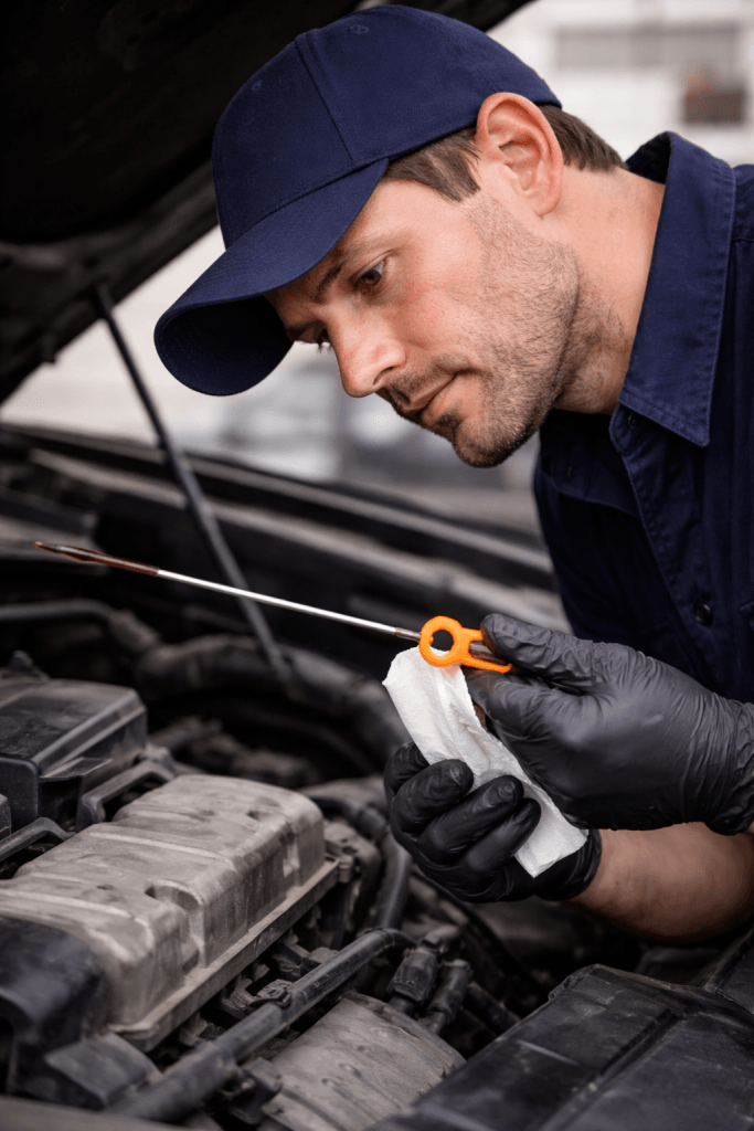 Mechanic checking transmission fluid level