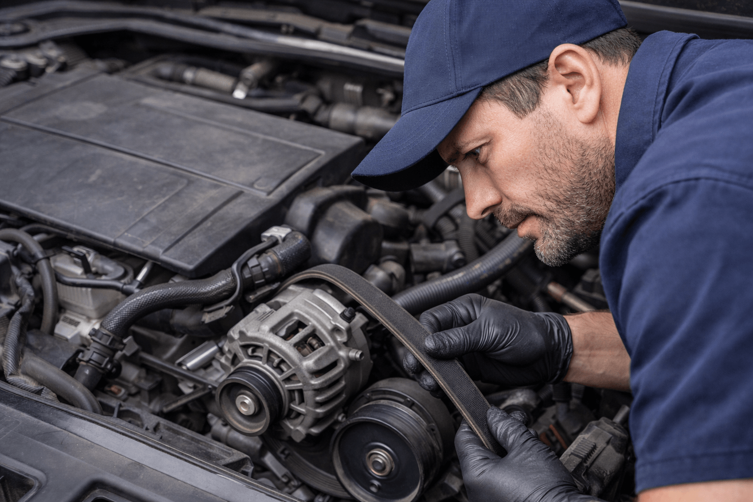 Mechanic inspecting a serpentine belt