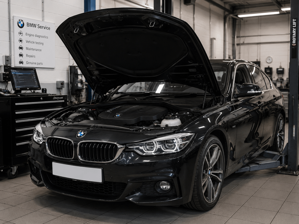 BMW sedan in a modern service bay