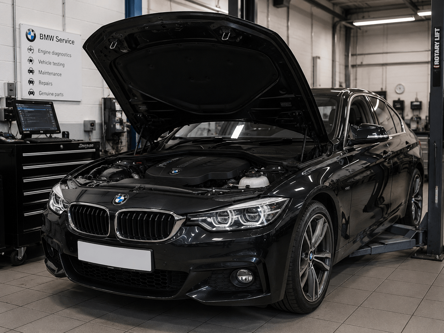 BMW sedan in a modern service bay